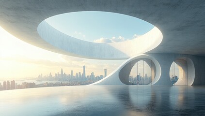 Modern architectural interior view of a city skyline.