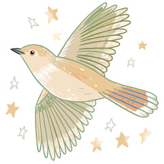 Obraz premium Whimsical bird soaring gracefully among twinkling stars in a dreamy illustration representing freedom and positivity.