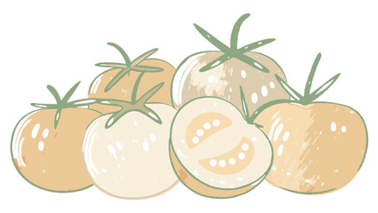 Colorful Fresh Tomatoes Piled Together with a Sliced One, Representing Healthy Eating and Vibrant Produce in a Light and Whimsical Style