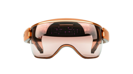 Modern bronze virtual reality headset with graphics displayed, cut out transparent
