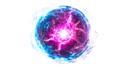 Sphere displaying bright energy core with light burst, cut out transparent