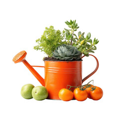 Vibrant Orange Watering Can Filled with Succulents and Fresh Produce on White Background, Perfect for Gardening and Home Decor Inspiration