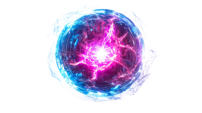 Sphere displaying bright energy core with light burst, cut out transparent