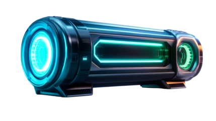Futuristic energy container with glowing accents, cut out transparent