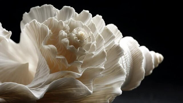 Close up of a beautiful large white sea shell with spiral shape and intricate patterns against a dark background with dramatic lighting.