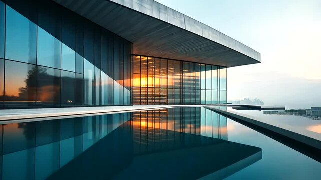 Modern architectural marvel with reflective glass and serene water at sunset