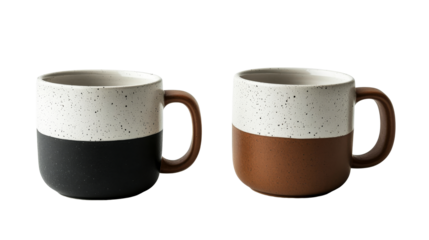 Two ceramic mugs with textured glaze, black and brown, cut out transparent