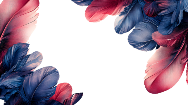 Elegant blue and pink plumes framing a dark void, cut out transparent