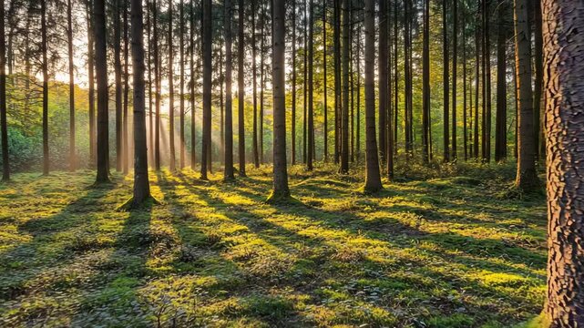 Golden sunrise illuminates misty forest, casting long shadows through trees onto mossy ground