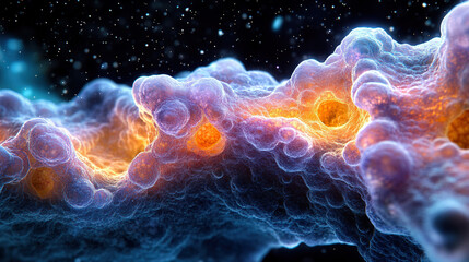 Fototapeta premium A vibrant, abstract rendering of a cellular structure, glowing with orange and blue hues against a dark, starry backdrop