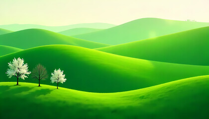 Obraz premium Gentle green hills roll across the landscape, trees stand peacefully in the foreground.