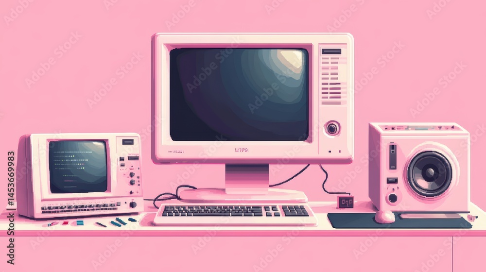 Wall mural retro old computer user interface,pink y2k computer window page and retro interface of pc screentren
