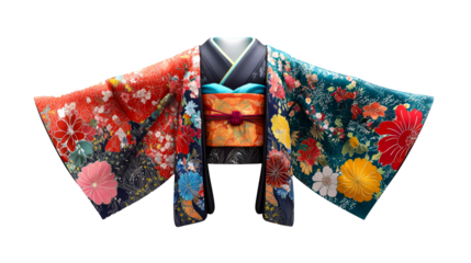 Floral patterned kimono robe with obi belt, cut out transparent