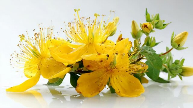 Hypericum flowers with vibrant yellow petals and numerous stamens, alongside unopened buds and fresh green leaves, presented on glossy surface.