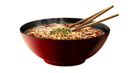 Bowl filled with steaming noodle soup and chopsticks, cut out transparent