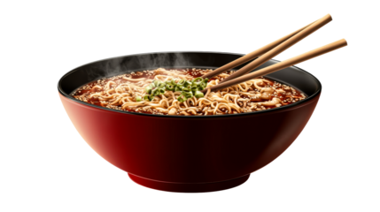 Bowl filled with steaming noodle soup and chopsticks, cut out transparent