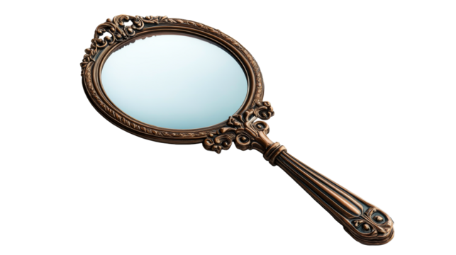 Ornate hand mirror with bronze colored frame, cut out transparent