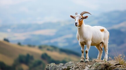 Fototapeta premium A goat standing on a hill, part of a sustainable farming initiative, 