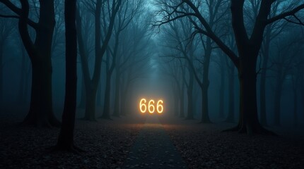 Obraz premium Mysterious glowing 666 symbol in foggy forest