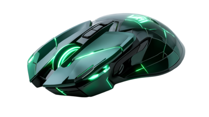 Gaming mouse peripheral with green lighting effects, cut out transparent