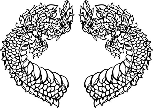 black-and-white illustration of a mythical dragon-naga hybrid face. The artwork combines the fierce expression of a Chinese dragon with the ornamental flames, scales,