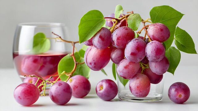Bunch of grapes are sitting on a table next to a glass of wine. The grapes are ripe and ready to be eaten. The wine glass is half full, indicating that someone has already had a glass of wine