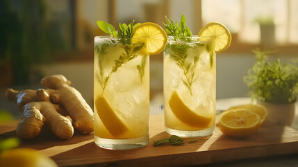 glasses of lemonade with a garnish of lemon slices and rosemary