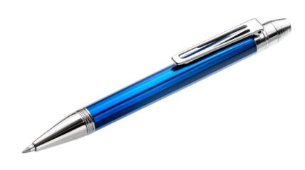 Elegant metallic blue pen with silver trim, cut out transparent