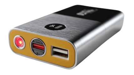 Portable Power Bank: A close-up of a sleek and modern power bank, boasting a brushed silver finish and vibrant yellow accents. The device features an assortment of ports, including USB and USB-C.