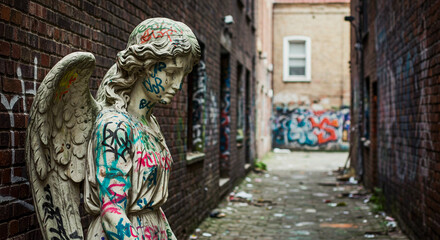 Urban Angel Statue grieving Graffiti Street Art Contrast Spirituality vandalism Rebellion Copy Space