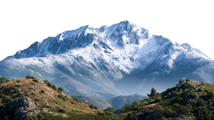Majestic Mountain Vista: A breathtaking view of a snow-capped mountain range, its rugged peaks piercing the clear sky, creating a serene and awe-inspiring vista.