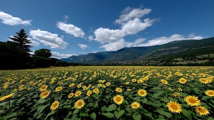 Fototapeta premium Sunny Sunflower Field with Mountain Valley Landscape.