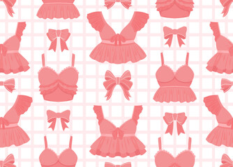 Vector seamless pattern with delicate pink bras and ribbons on cell background. Texture with brassieres with ruffles on white background.