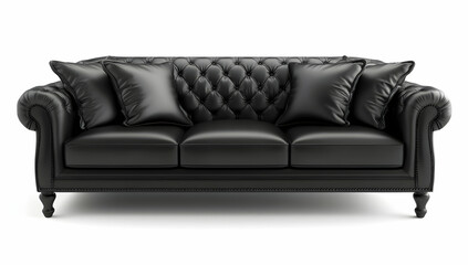 Black leather sofa with cushions isolated on a white background, 3D rendering, in a black color and monochrome style, front view, with soft lighting