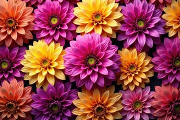 Obraz premium Intricate dahlia blooms in vibrant hues, forming a repeating pattern , dahlia, summer, nature
