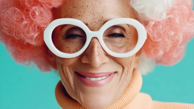 Woman with pink hair and glasses is smiling. The image is meant to convey a sense of humor and playfulness