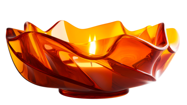Orange glass candle holder with burning candle, cut out transparent