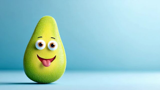 Green avocado with a big smile on its face. The avocado is smiling and has big eyes