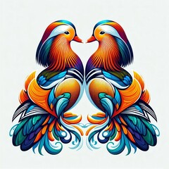 Obraz premium An artistic depiction of a pair of ducks, rich in vibrant colors and detailed feather designs, symbolizing unity and beauty.
