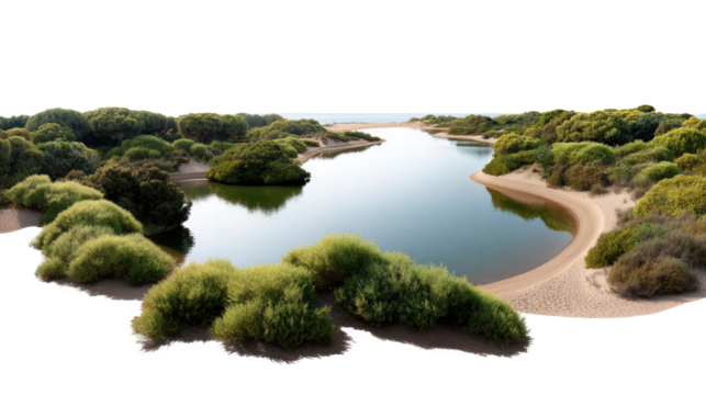 Coastal Oasis: An aerial view captures a serene lagoon embraced by lush vegetation, its tranquil waters reflecting the clear sky above, creating a sense of peace and natural beauty.