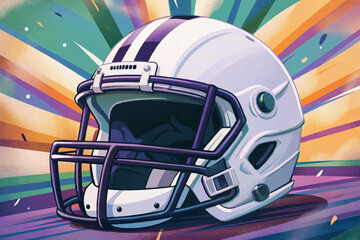 Fototapeta premium Modern white American football helmet with black faceguard, designed for safety, performance, and impact protection. Ideal for sports gear branding, contact sports visuals vector