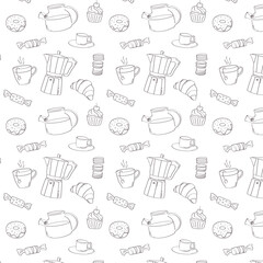 Seamless vector pattern with hand drawn desserts and hot drinks in minimalist sketch style. Perfect for packaging, wrapping paper, cafe branding, textile design and backgrounds.