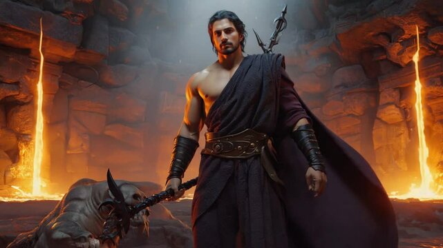 Intense animation of a dark fantasy warrior holding a glowing sword amidst fiery embers. Ideal for fantasy and action visuals.