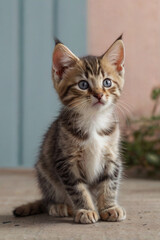 Image is a portrait-style photograph featuring a small kitten with a soft, blurred background. 