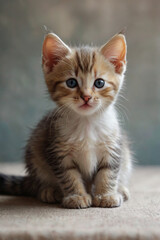 Image is a portrait-style photograph featuring a small kitten with a soft, blurred background. 