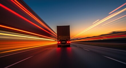 Truck Moving Fast on Highway at Dusk with Streaking Lights