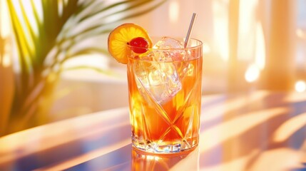 Refreshing summer cocktail in highball glass with fruit garnishes and ice on bright sunny background perfect for beverages, drinks, summer, and tropical themes