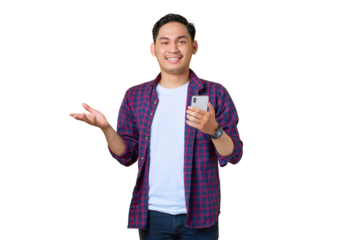 Smiling young Asian man in plaid shirt using a mobile phone reading news from social network isolated on transparent background
