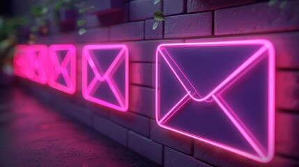 Neon pink glowing envelope icons displayed on dark brick wall in shallow depth represents digital communication and futuristic messaging concept with cyber aesthetic in vibrant lighting.