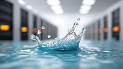 Water flooding across a data center floor, symbolizing excessive water usage. The large volume of water used for cooling in AI technology.